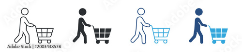 Person pushing trolley icon set. shopping cart movement. retail and supermarket purchase concept. vector illustration.