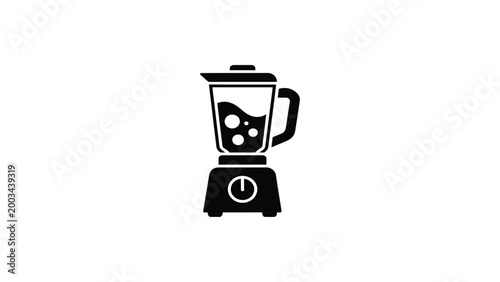 Minimalist black silhouette icon of kitchen blender appliance with container, handle, and dial button for food preparation and cooking concepts