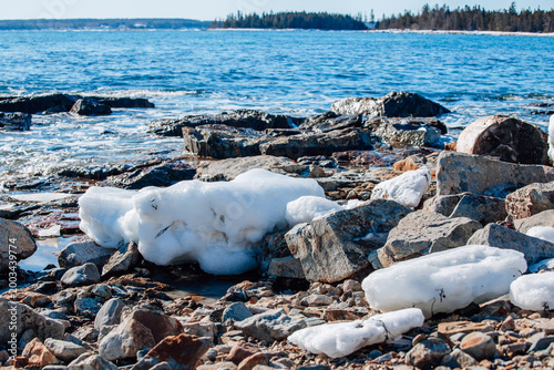 Snow Covered Rocky Coastline Acadia National Park Seawall Maine Winter Atlantic Ocean