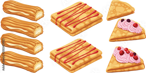 Vector Illustration of Eclairs, Fruit Tarts, and Pastry Desserts with Cream and Strawberry Topping for Bakery, Sweet Treats, and Dessert Designs