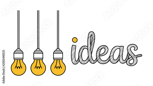 Three vintage light bulbs illuminating the word ideas in cursive script keywords lightbulb filament