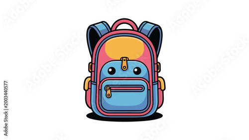 Cute cartoon character with blue hair in a pink backpack smiling happily keywords