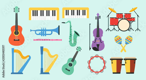Various musical instruments on light background