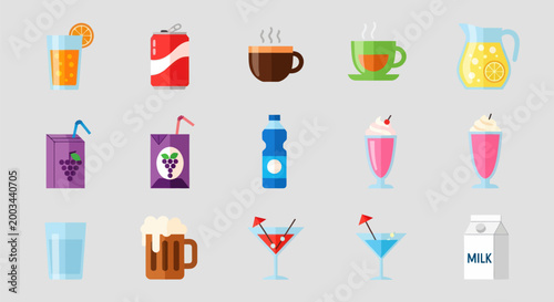 Various refreshing beverage icons on gray