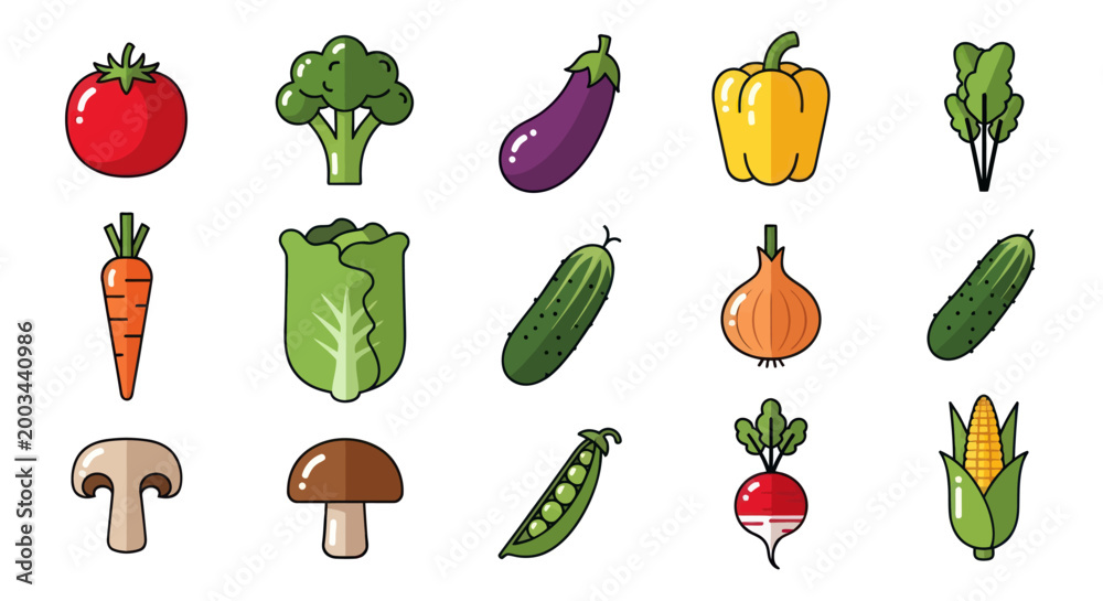 Fototapeta premium Vegetable assortment colorful fresh food icons