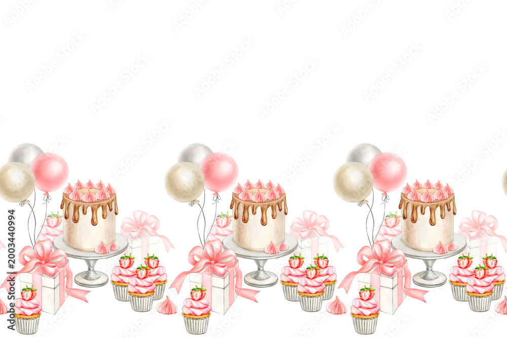Fototapeta premium Watercolor seamless border with a cake on a stand, cupcakes, balloons and gifts in pink shades. Handmade birthday illustration, for tablecloth decoration, postcards, posters, banners. photo zones, pro