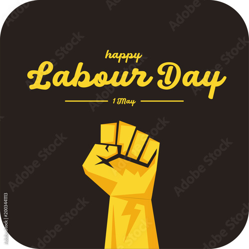 Happy Labour Day 1 May retro banner with raised fist icon on dark grey background. Modern graphic for May Day Workers Day celebrations, solidarity, and social media. Labour day square poster