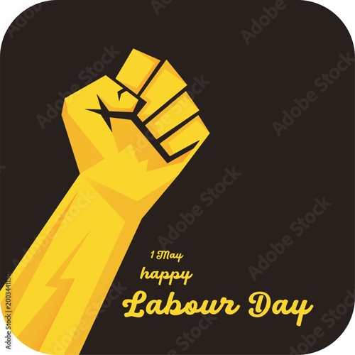 Happy Labour Day 1 May retro banner with raised fist icon on dark grey background. Modern graphic for May Day Workers Day celebrations, solidarity, and social media. Labour day square poster