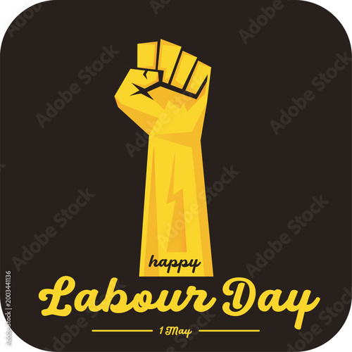 Happy Labour Day 1 May retro banner with raised fist icon on dark grey background. Modern graphic for May Day Workers Day celebrations, solidarity, and social media. Labour day square poster