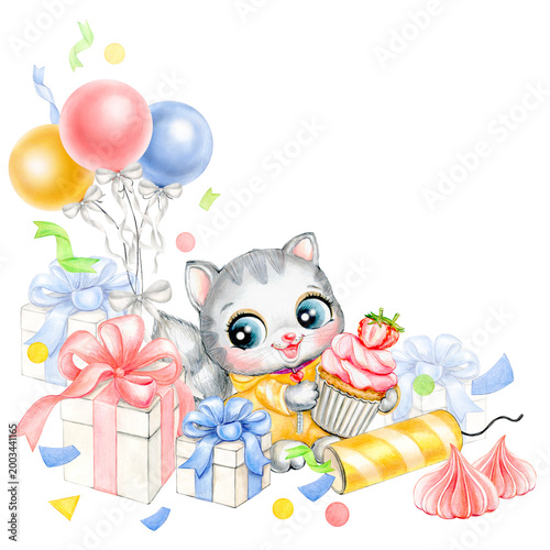 Fotografia Watercolor festive corner frame illustration with cute kitten, cupcake, gift box, firecracker, confetti, sweets and balloons