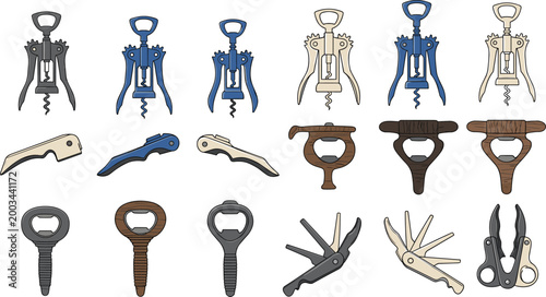 Bottle Opener and Corkscrew Vector Set Featuring Various Styles of Winged Corkscrews Manual Cap Lifters and Sommelier Knives Isolated on White Background for Bar and Kitchen Designs