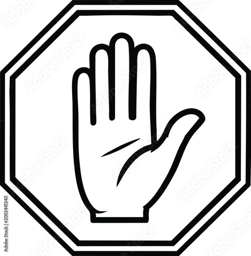 Black and white stop sign with hand symbol in the center traffic