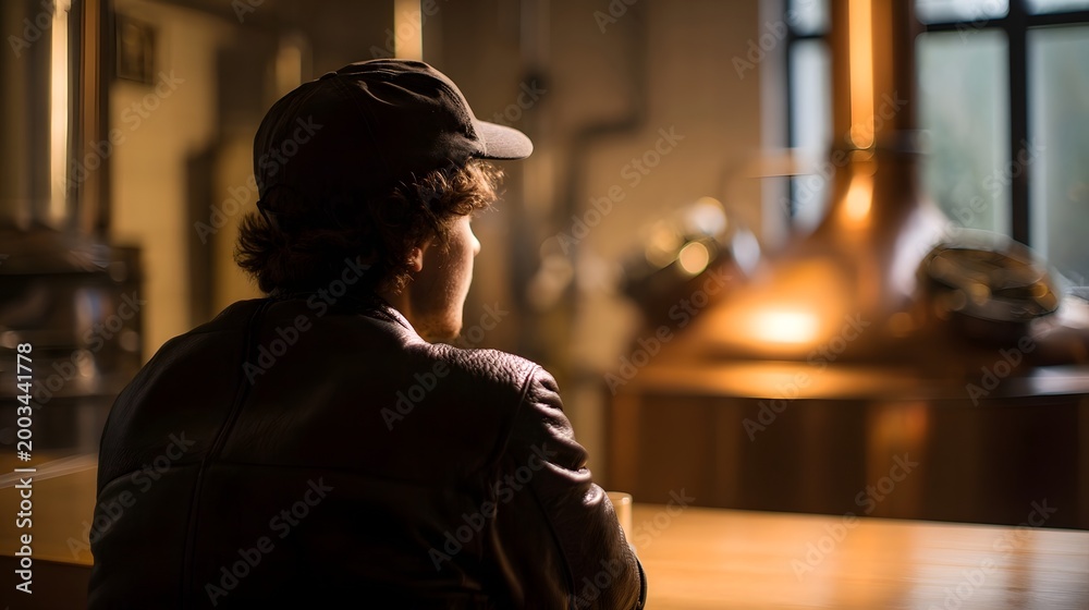 Obraz premium A thoughtful profile view capturing a quiet moment in a cafe set against the warm glow of brewing hinery
