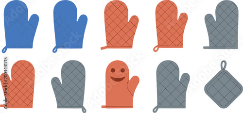 Oven Mitt and Potholder Vector Set Featuring Blue Orange and Grey Heat-Resistant Mitts for Kitchen and Cooking Isolated on White Background