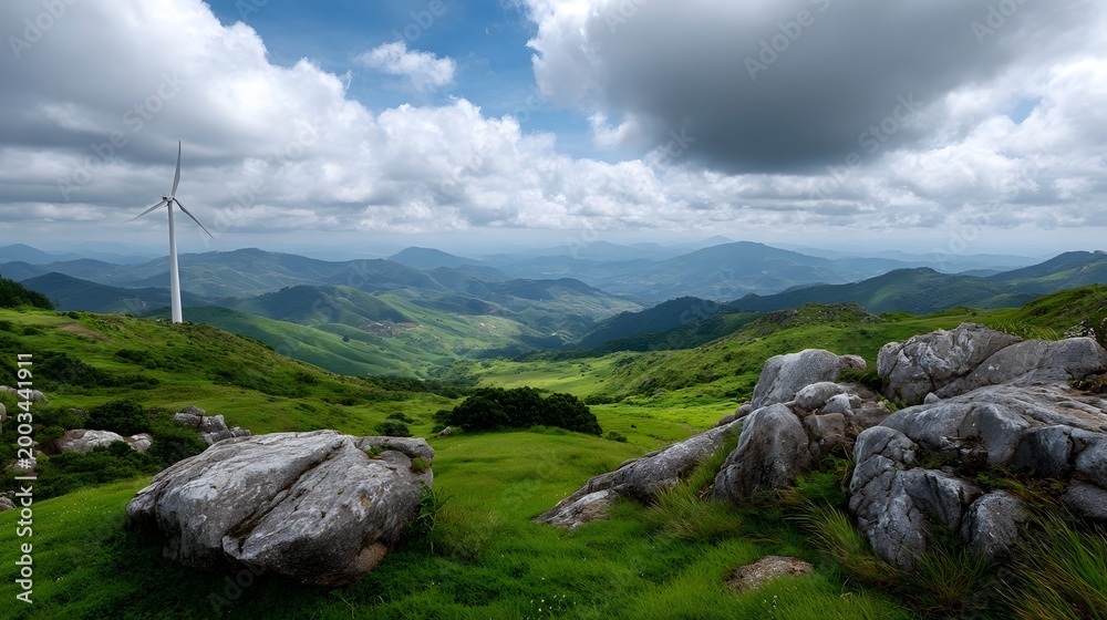 Fototapeta premium Panoramic view of lush green mountains and rolling hills under a dramatic cloudy sky featuring a modern wind turbine