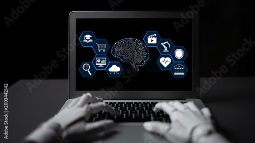Bild auf Leinwand Futuristic technology representation with robotic hands interacting with a laptop displaying artificial intelligence and digital icons on screen Quark