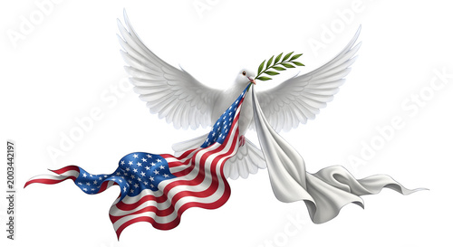 American independence day dove with olive branch and flowing us flag isolated on transparent background