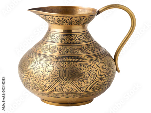 golden antique pitcher with intricate engravings isolated on transparent background