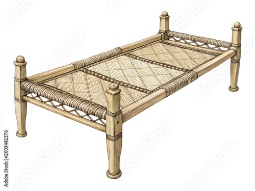 traditional indian wooden charpai bed isolated on transparent background