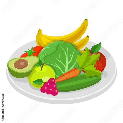 3D Isometric Flat Vector Set of Vegetarian Food Plates, Organic Grocery Products. Item 8