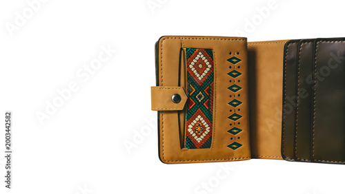 handmade leather wallet with embroidered floral pattern isolated on transparent background