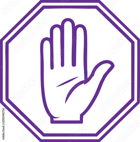 Purple octagonal stop sign with raised hand symbol in center