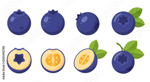 Vibrant blueberries with green leaves