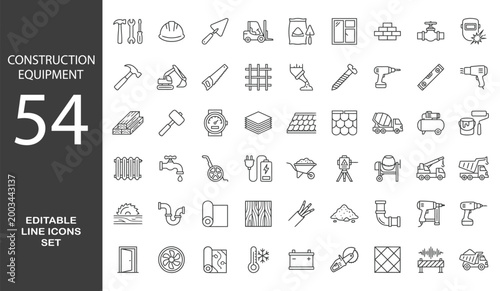Construction Equipment and Materials Line Editable Icons set. Vector illustration in modern thin line style of construction related icons: hand, electric, machine tools, and more. 