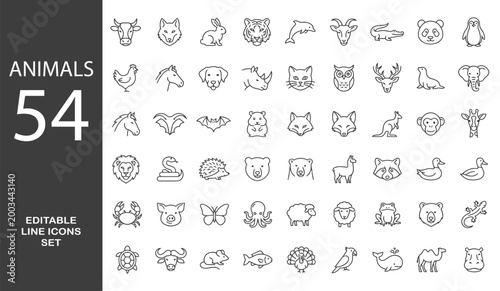 Animals line Editable Icons set. Vector illustration in modern thin line style of fauna related icons: farm, domestic, wild animals, and more. Pictograms and infographics.