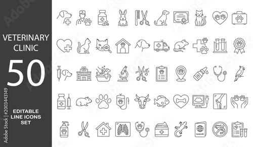 Veterinary Clinic Line Editable Icons set. Vector illustration in modern thin line style of animals care related icons: pets, types of examinations and veterinary services, and more. 
