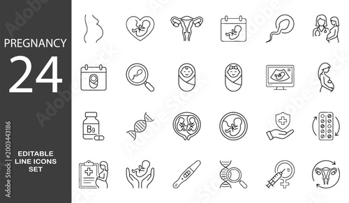 Pregnancy Editable Icons set. Vector illustration in modern thin line style of motherhood related icons: fertility, hormone therapy, medical examination, and more. Isolated on transparent background.