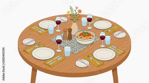 An inviting dining table prepared for a delightful meal. Decorated with elegance and warmth, this scene captures the essence of shared moments and culinary pleasure.