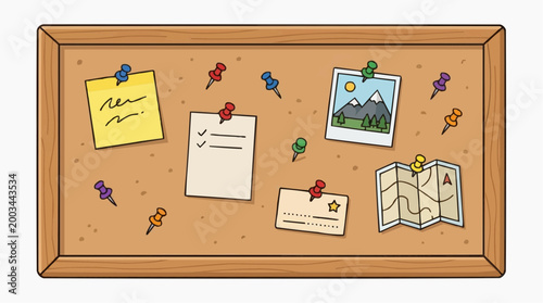 A meticulously arranged bulletin board featuring travel-themed notes and photos, a visual symphony of memories and plans.