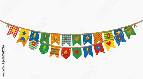 A vibrant, festive banner of colorful flags strung across, adding a touch of cheer and decoration to any joyful occasion.