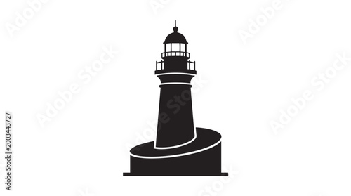 Vector silhouette of lighthouse on rocky base with lantern room and railing, coastal navigation landmark art