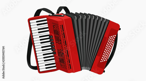 A striking red accordion sits, poised for musical expression, with its keys beckoning to be played, inviting the viewer into the world of musical harmony.