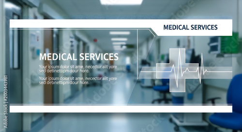 Medical services banner with hospital corridor background healthcare concept with medical cross and heartbeat line symbol for clinic, hospital, or medical website design