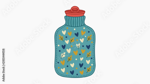 An inviting, illustrated hot water bottle, showcasing a soft, comforting design filled with heart and leaf motifs. Ideal for health, comfort, and cozy moments.