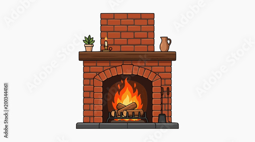 An inviting and classic brick fireplace, with a warm fire, creates a cozy and comforting atmosphere, evoking feelings of warmth and relaxation.