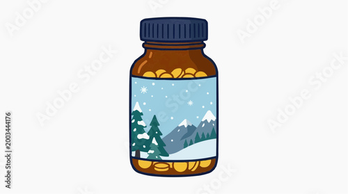 A medical illustration depicting a supplement container featuring winter landscape artwork, evoking a sense of health and natural remedies.