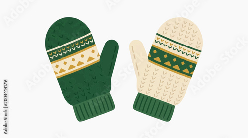 Cozy mittens with intricate knitted patterns against backdrop. A pair of warm, inviting winter mittens, perfect for cold days. The focus is on the handmade, craft-like aesthetic.