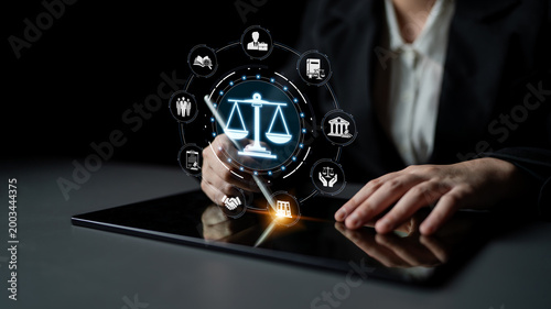 Εκτύπωση καμβά Conceptual representation of law and justice with digital technology, scales of
