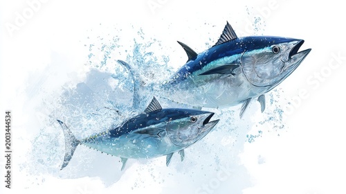 Two bluefin tuna jumping out of splashing water in ocean