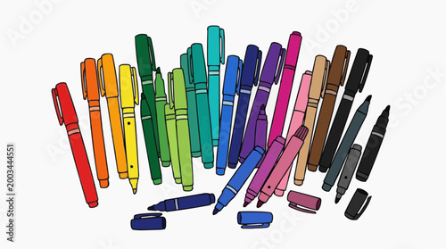 A vibrant array of colorful pens arranged to create a visually appealing display, capturing the creativity and tools of artistic expression.
