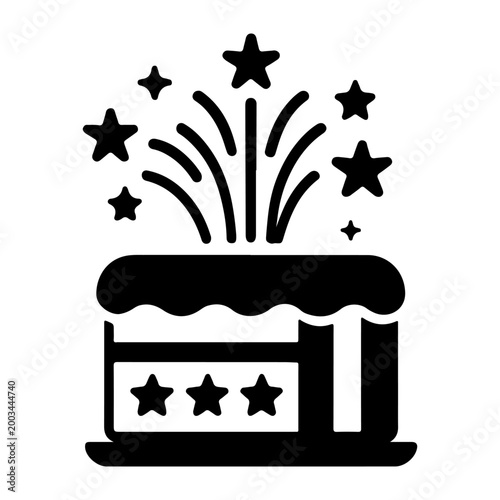 Birthday Celebration Cake with Fireworks and Stars Silhouette Illustration Vector Art Clip Art