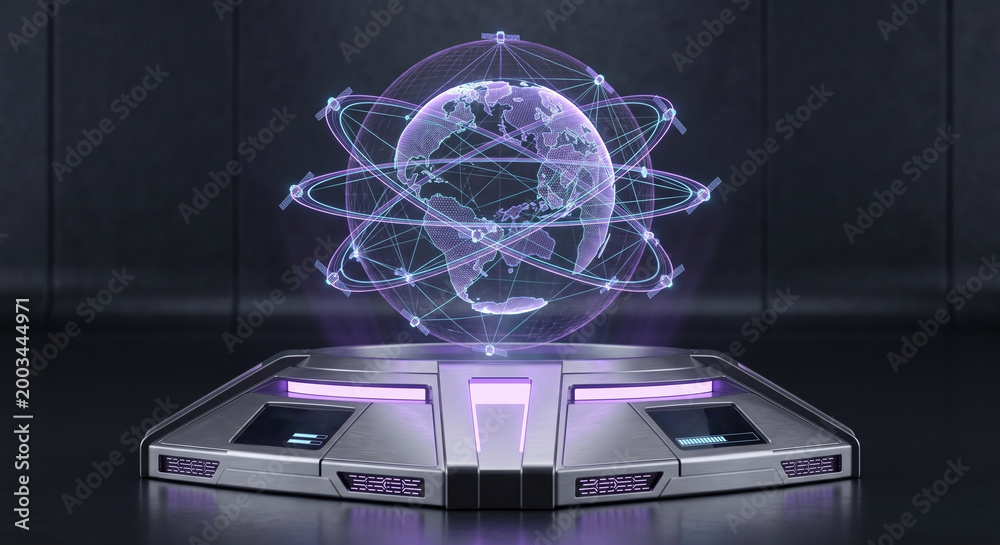 Fototapeta premium Holographic earth globe projection on futuristic laboratory console showing global satellite networks.