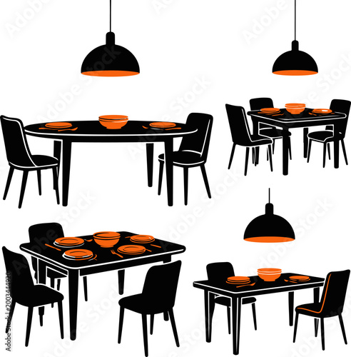 Art Bold Orange Dining Room Silhouette Set Vector