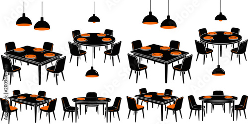 Bold Orange Dining Room Silhouette Set Vector