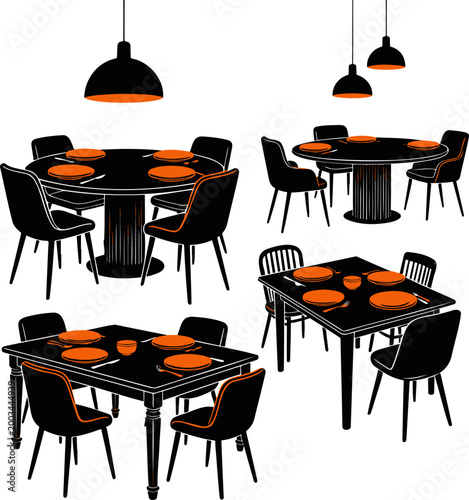 Bold Orange Dining Room Silhouette Set Vector