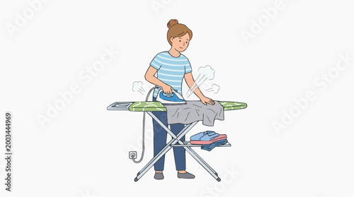 A woman diligently irons clothes on a practical ironing board, illustrating everyday domestic tasks with detail. The scene is both illustrative and relatable.